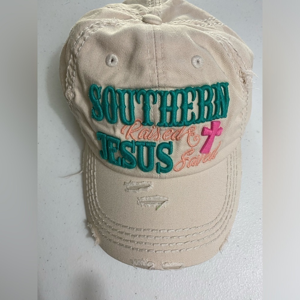 KBethos Vintage Distressed Embroidered Southern Raised Jesus Saved Ball Hat